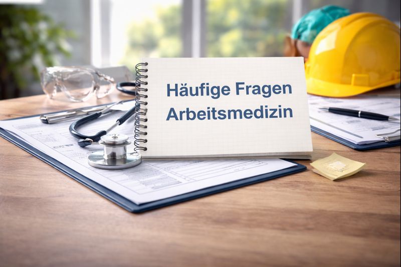 das Bild zeigt ein Schild mit der Aufschrift häufige Fragen Arbeitsmedizin, das auf einem Schreibtisch lehnt, wo medizinische Utensilien sowie ein Arbeitshelm liegen.
